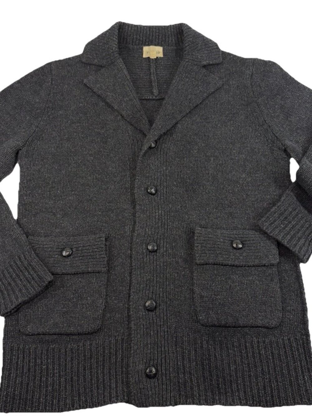TYHLO Knit Cardigan Lambs Wool Chunky Sweater Mens Size Large Charcoal Gray